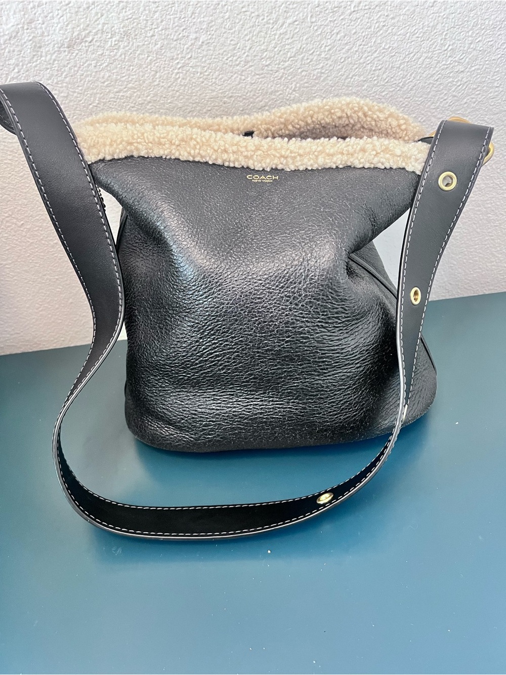 Coach Bleeker Leather and shearling bucket bag